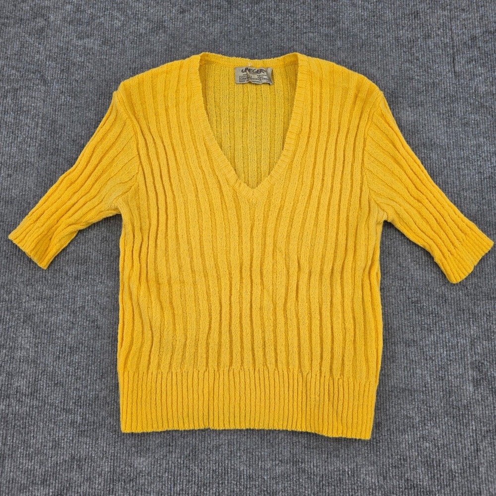Vintage Jaeger London Yellow Ribbed V-Neck Knit Sweater Made in Great Britain 38